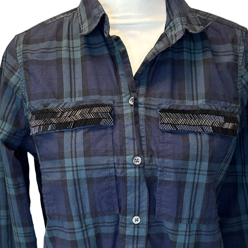 J Crew Womens Plaid Button Down Shirt Size 4 Jeweled Fringe Pockets 100% Cotton